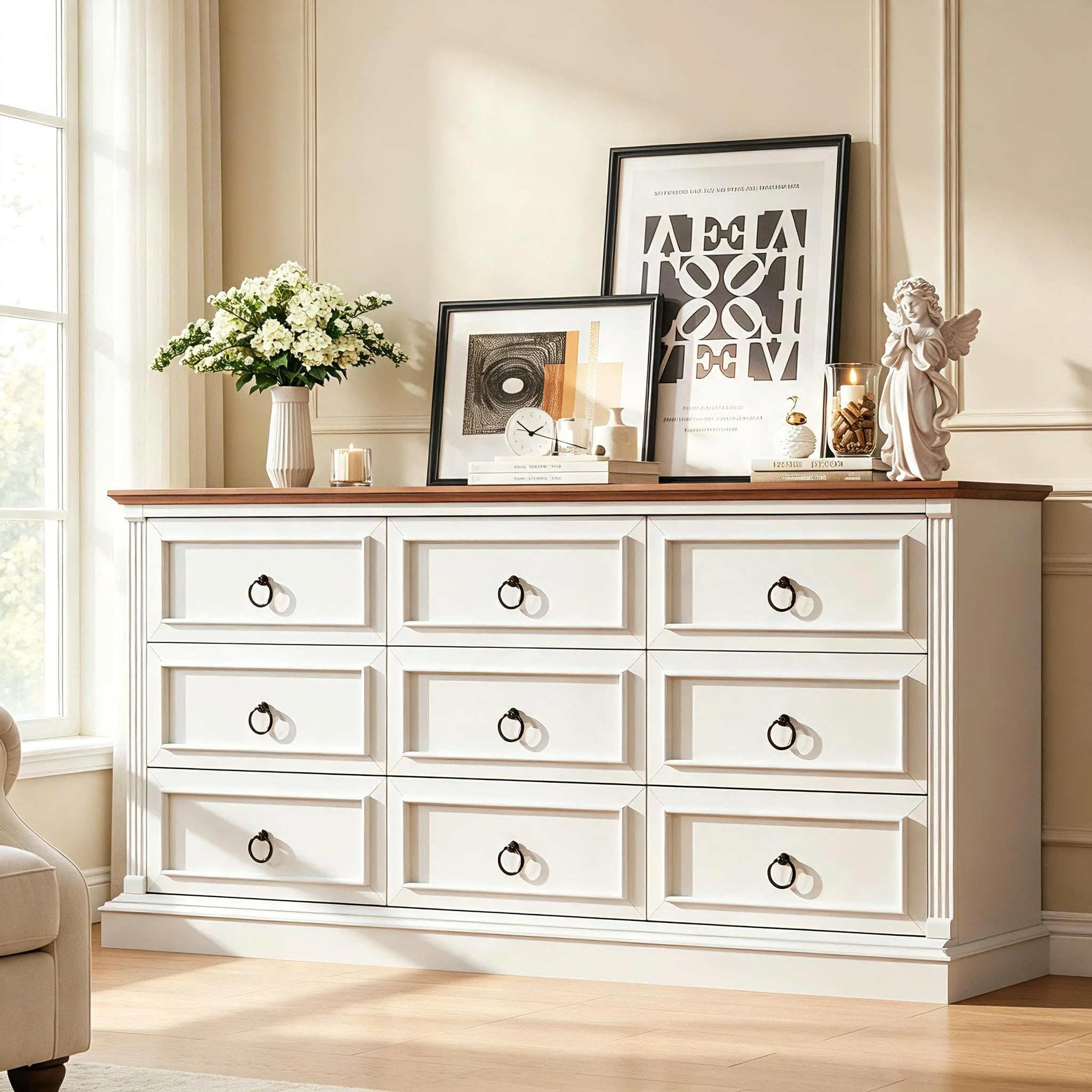 HUAHUU Farmhouse Dresser for Bedroom with 9 Drawers, 60' White Storage