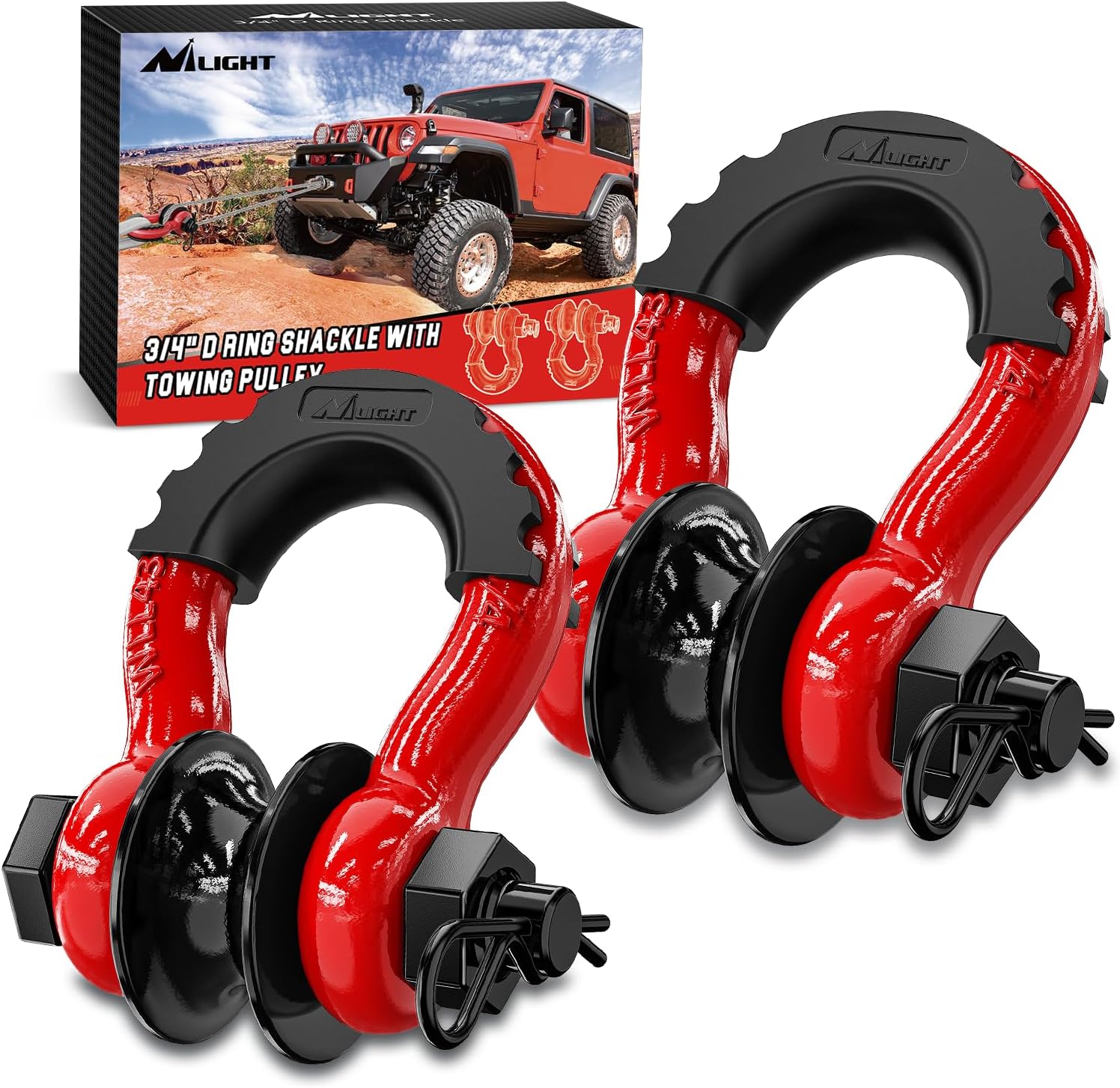 Nilight 3/4" D Ring Shackle with Towing Pulley 2 Pack 4.75 Ton (9500 Lbs) 7/8" Pin Heavy Duty Off Road Recovery Shackle with Isolators Washer Kit for Jeep Truck Tractor Vehicle ATV UTV, Red