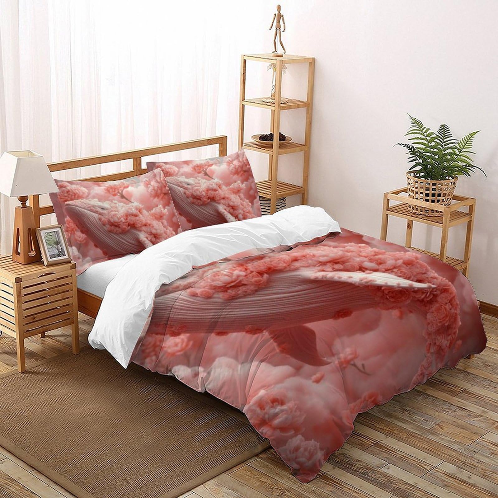 Housse de couette baleine rose microfibre 200x200cm anti-plis pour lit enfant double