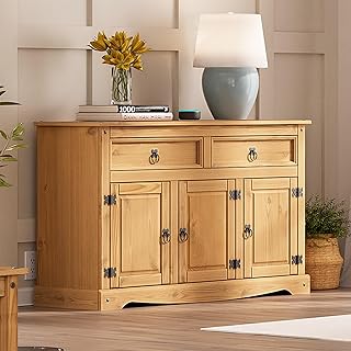 Furniture Dash Solid Wood Storage Cabinet 51.9" W, 16.9" D, 31.7" H - Sideboard Buffet with 3 Doors & 2 Drawers, Ideal for Living Room, Kitchen, Dining Room & Hallway - Antique Brown