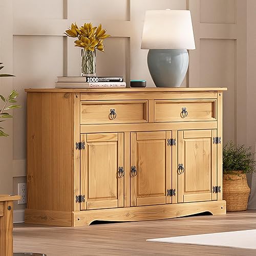 Furniture Dash Solid Wood Storage Cabinet 51.9" W, 16.9" D, 31.7" H - Sideboard Buffet with 3 Doors & 2 Drawers, Ideal for Living Room, Kitchen, Dining Room & Hallway - Antique Brown