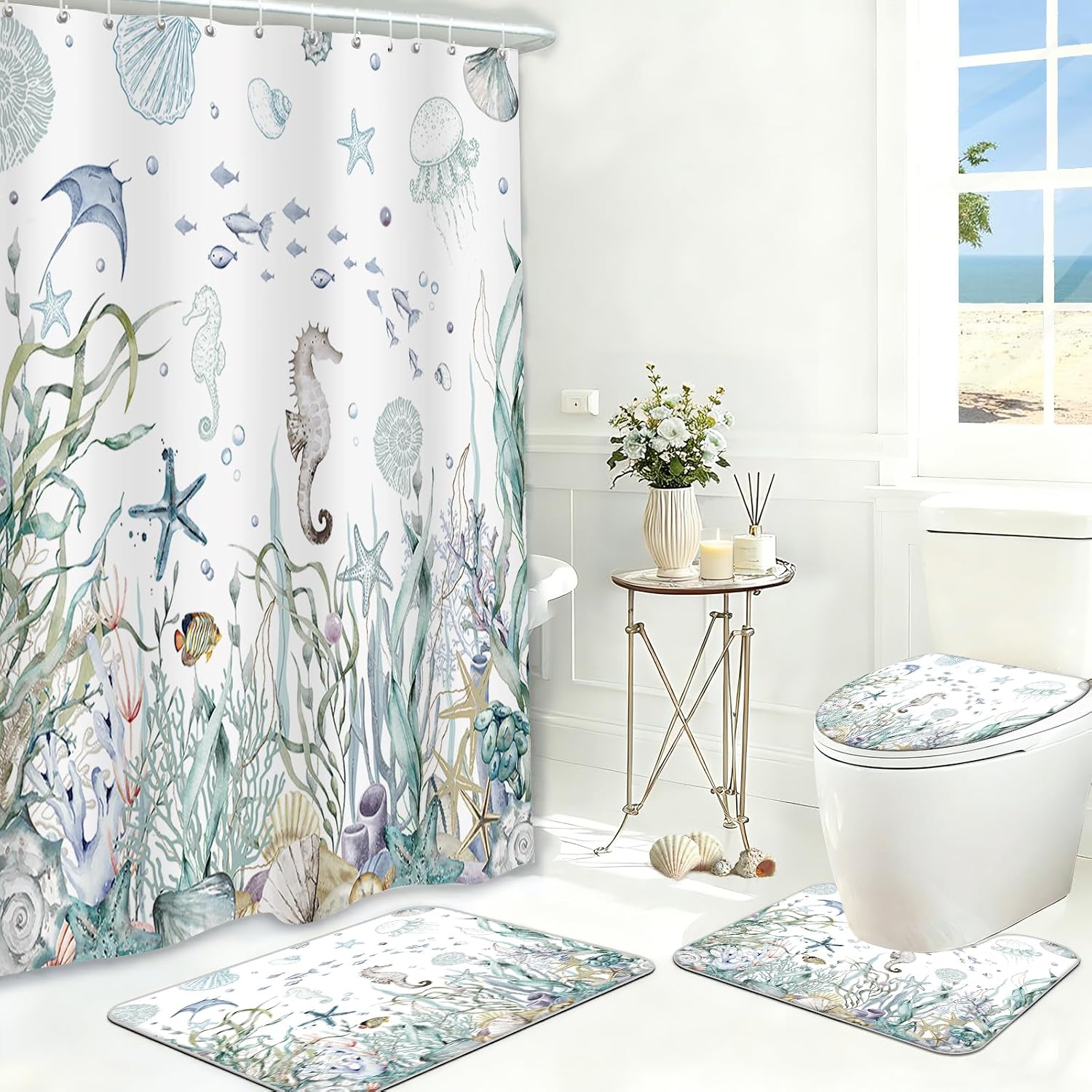 MEHOFOND Coral Seashell Beach Shower Curtain Set