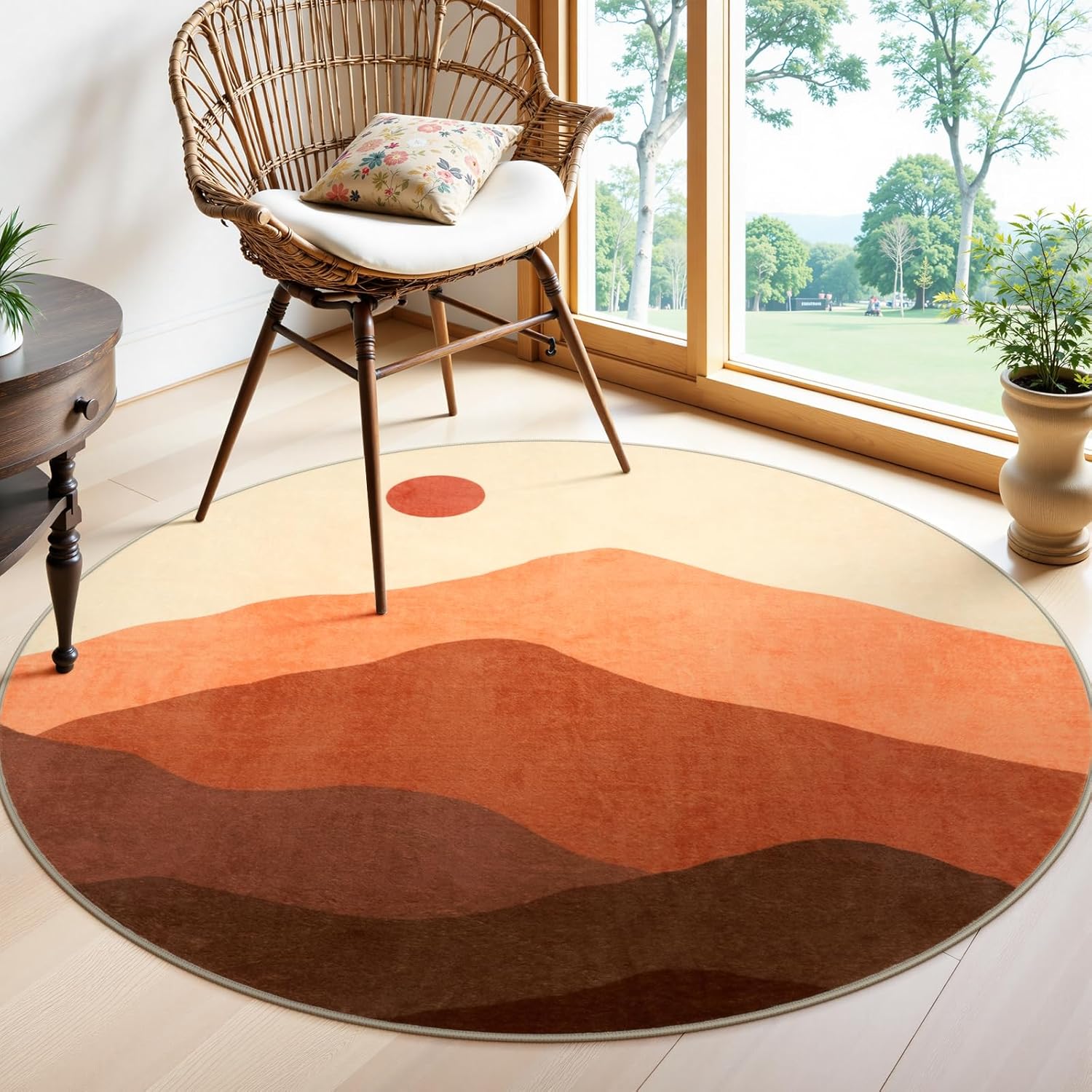 Round Area Rug 4ft, Mountain Circle Rug Print Round Kitchen Rugs Non Slip Washable Entryway Rug, Low Pile Soft Circular Carpet for Living Room Bedroom Decor(Brunt Orange)