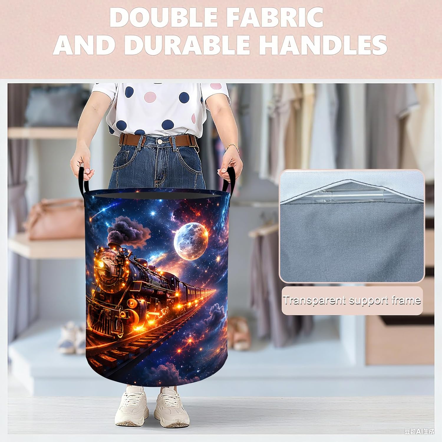 Galaxy Steam Train Laundry Basket Hamper 19.7"x15.7", Organizer Bins Gifts for Kids Boys Girls, Cosmic Space Locomotive Foldable Wateshrproof Oxford Clothes Storage Bucket for Bedroom Bathroom Decor