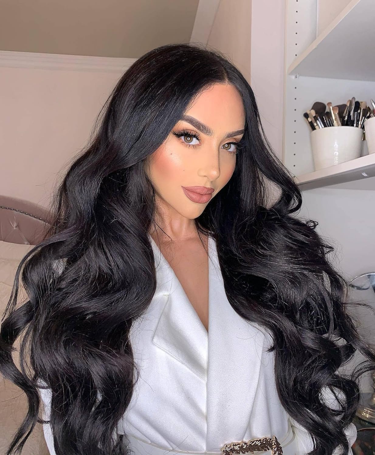 Melody 1B Black Synthetic Lace Front Wigs Natural Long Wave Middle Part 180% Density Half Hand Tied Heat Resistant Fiber Hair for Black Women …
