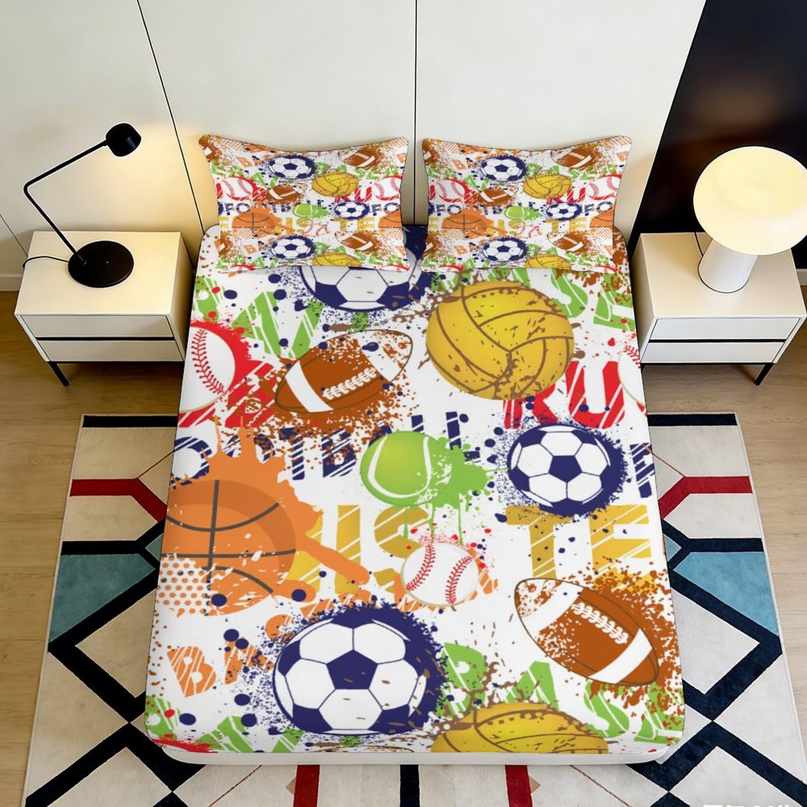 3D Printed Sports Ball Fitted Sheet Microfiber Colourful Graffiti Bed Cover for Bedroom Dorm Easy Care 90x200x25cm