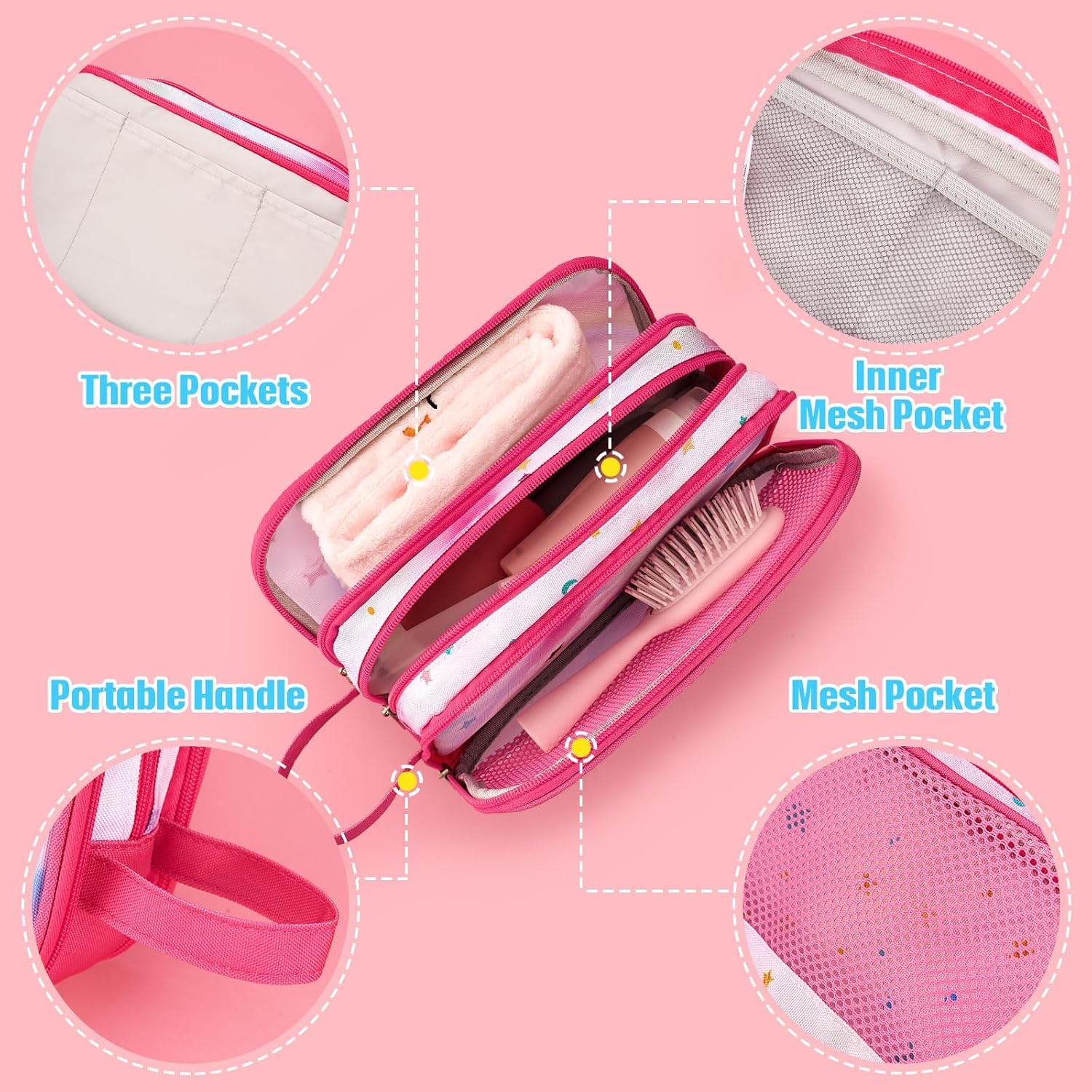 Rainbow Pink Toiletry Bag - Travel Toiletry Bag for Kids Girls Christmas Birthday Gift Camping Toiletry Case Toiletries Makeup Cosmetic Pouch Pink Water-resistant Wash Bag Dopp Kit with Pocket