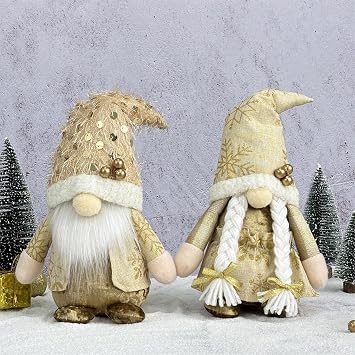 2 PCS Christmas Gnomes Plush, Handmade Gold Gnomes with Glitter Sequins Hat & Snowflake Suit, Handmade Swedish Tomte Gnome Elf Doll for Home Decor Gift