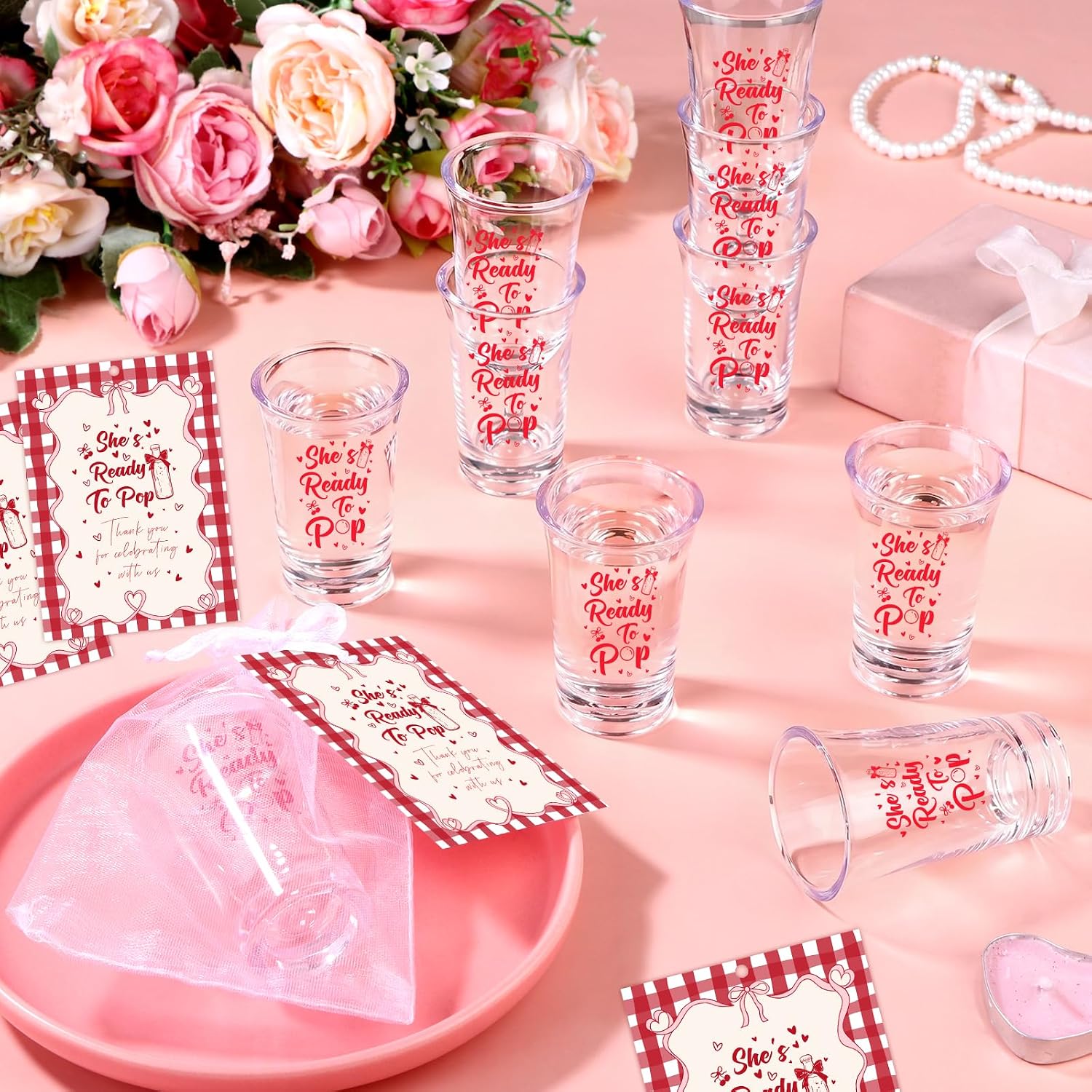 25 Sets Shes Ready to Pop Shot Glasses Baby Shower Favors for Guests, Red Plastic Shot Glasses with Thank You Cards & Organza Bags for Gender Reveal Party Supplies