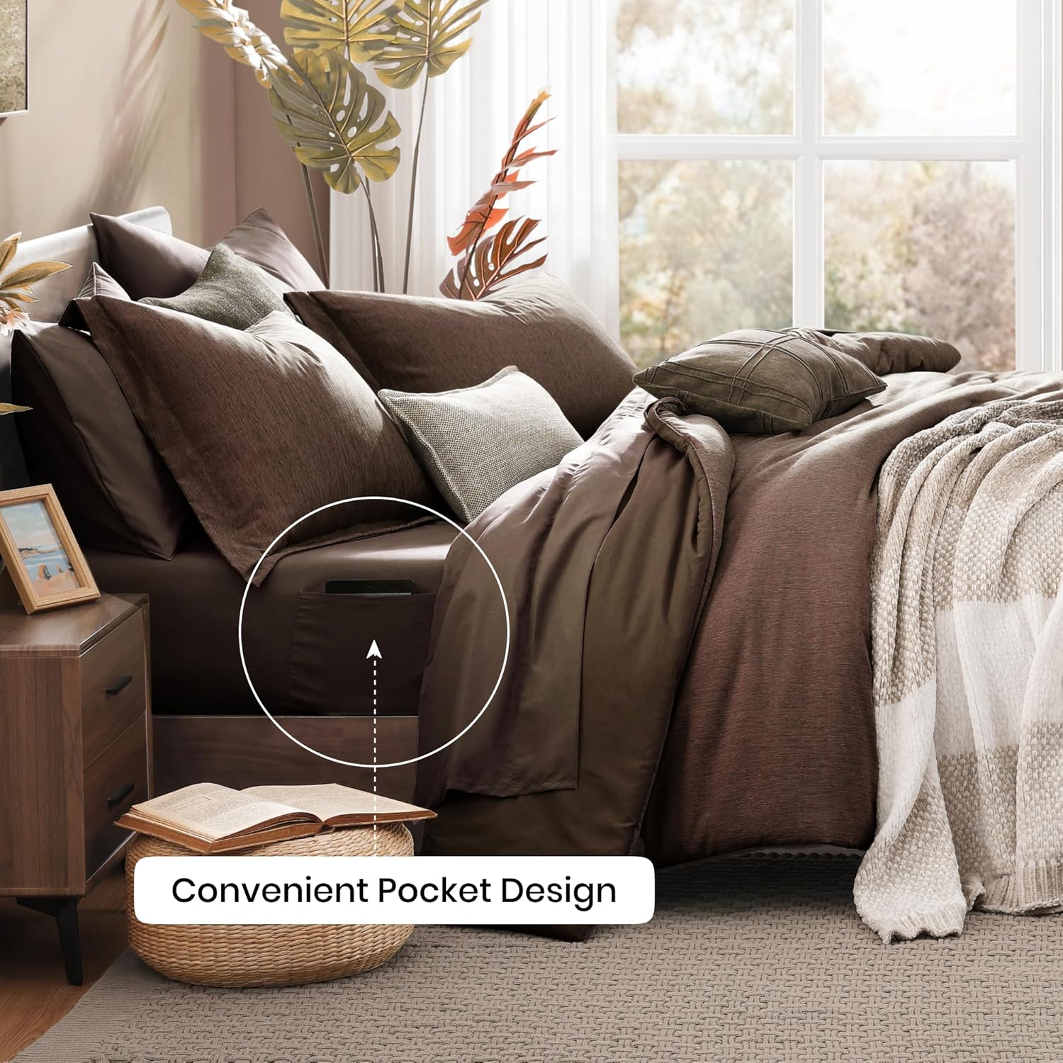 Monbix King Size Comforter Set, Chocolate Brown King Bedding Set Reversible, King Comforter Set 7 Pieces, Cationic Dyeing Bed in a Bag with Comforter, Sheets, Pillowcases & Shams