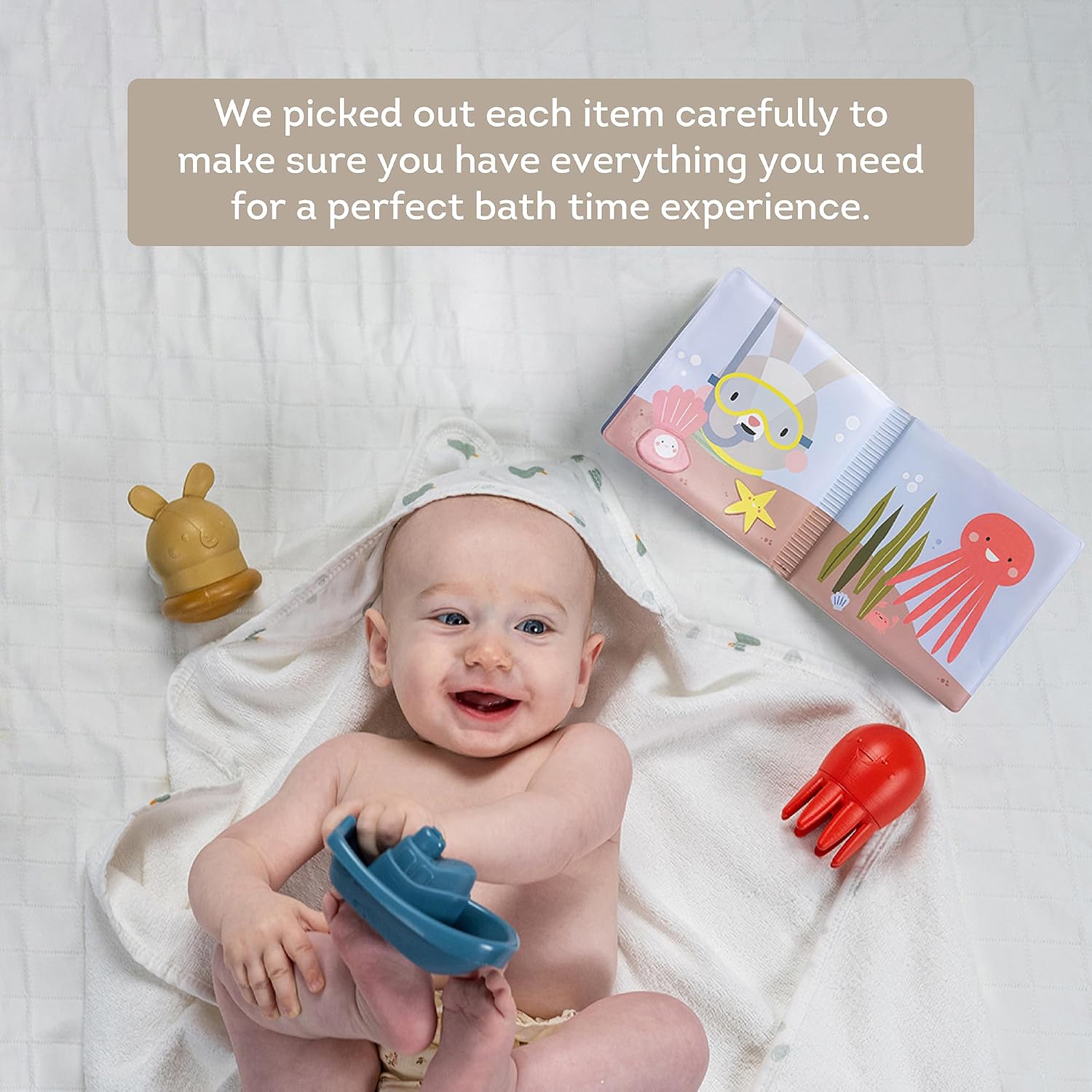 Taf Toys Bath Time Kit for Babies - Including Bath Book, Cotton Hooded Towel, Squeaking Bath Toys, Boat Toy - with 5-Piece Newborn Essentials, Baby Boy Bath Gift Set Baptism Gifts