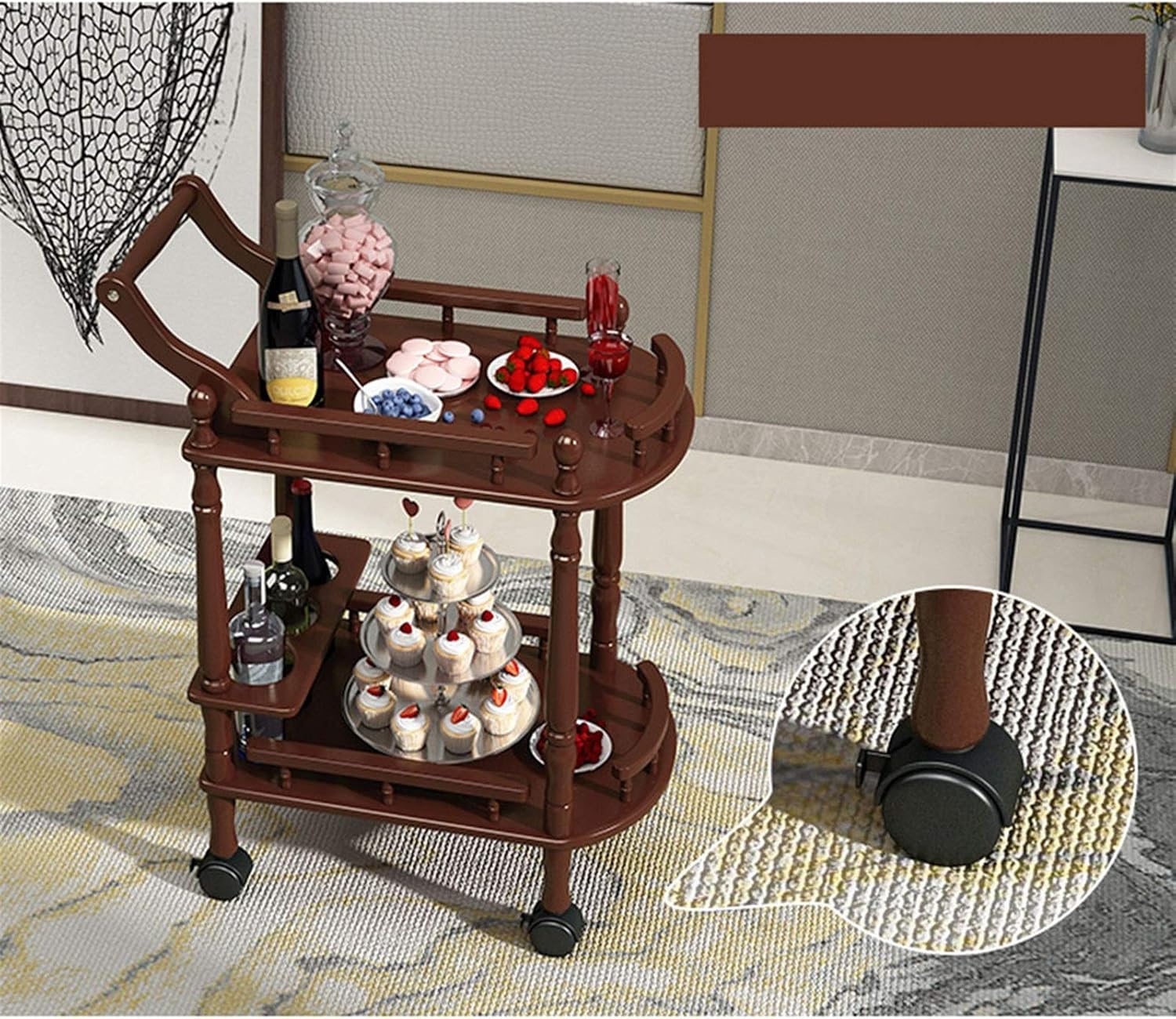 Solid Wood Kitchen Serving Carts Rolling Bar Cart Kitchen Cart,Cart Removable for Kitchen Hotel Wheeled Home Bar Cart Kitchen cart with Storage (Color : 2 (Metal Rubber Wheel)) (Brown (Plastic Wheel