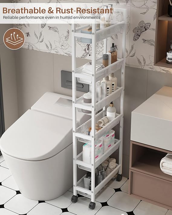 6 Tier Slim Storage Cart,Mobile Shelving Organizer with Handle White 15cm