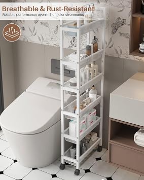 6 Tier Slim Storage Cart,Mobile Shelving Organizer with Handle White 15cm