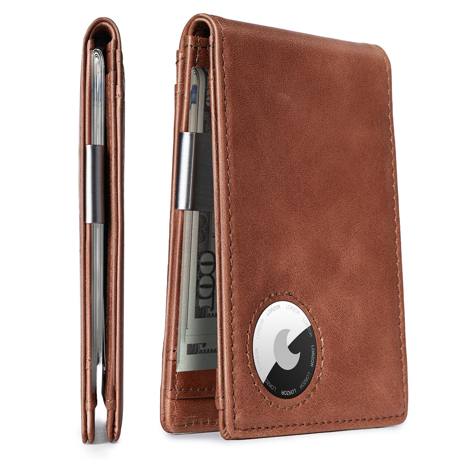 LORZOR Genuine Leather AirTag Wallet with Money Clip - Mens Bifold Wallets Slim Front Pocket RFID Blocking Card Holder, Minimalist Air Tag Wallet with