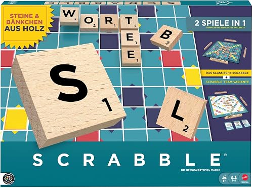 Mattel Games Scrabble gra planszowa, klasyczna rodzinna gra słowna z kamieniami liter i ławeczkami z drewna, dwie możliwości gry, wydanie niemieckie, JGR62