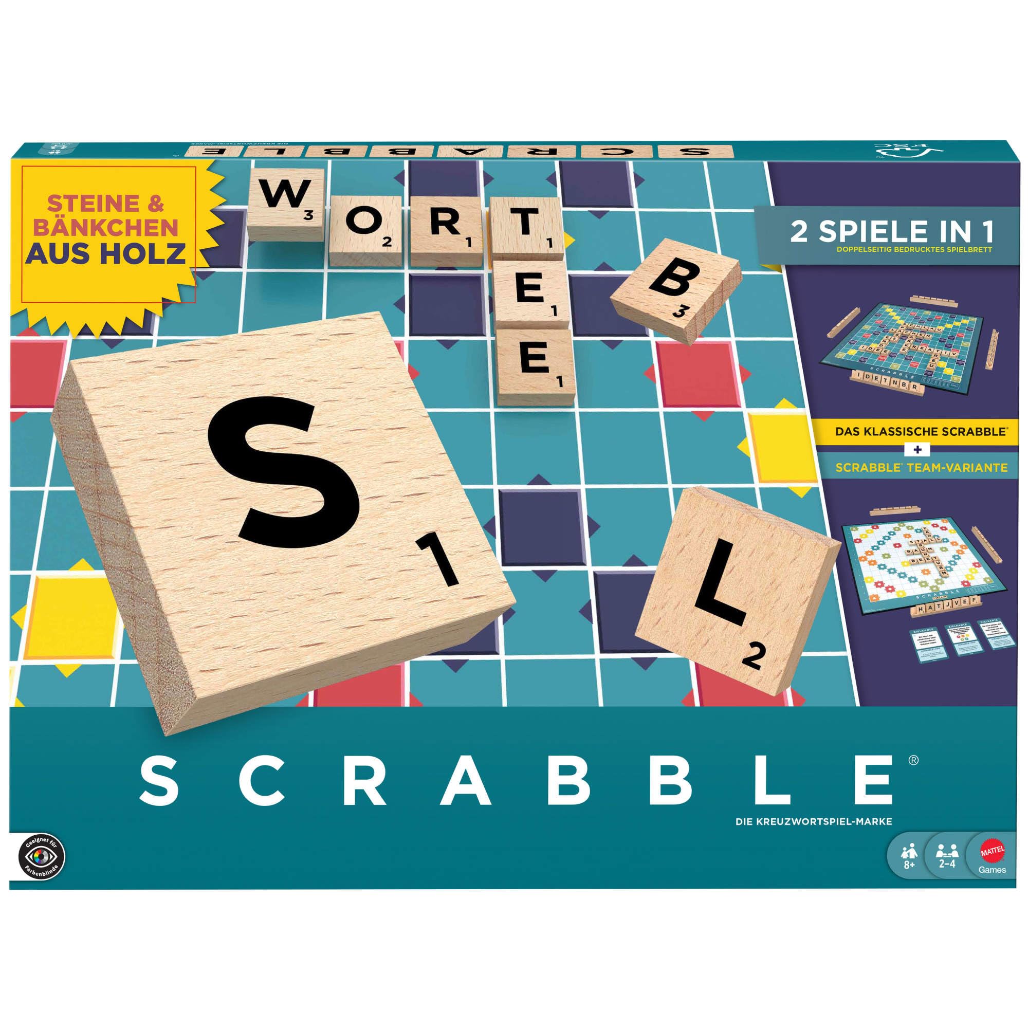 Mattel Games Scrabble Brettspiel, klassisches Familienwortspiel mit Buchstabensteinen und Buchstabenbänkchen aus Holz, Zwei Spielmöglichkeiten, deutsche Ausgabe, JGR62