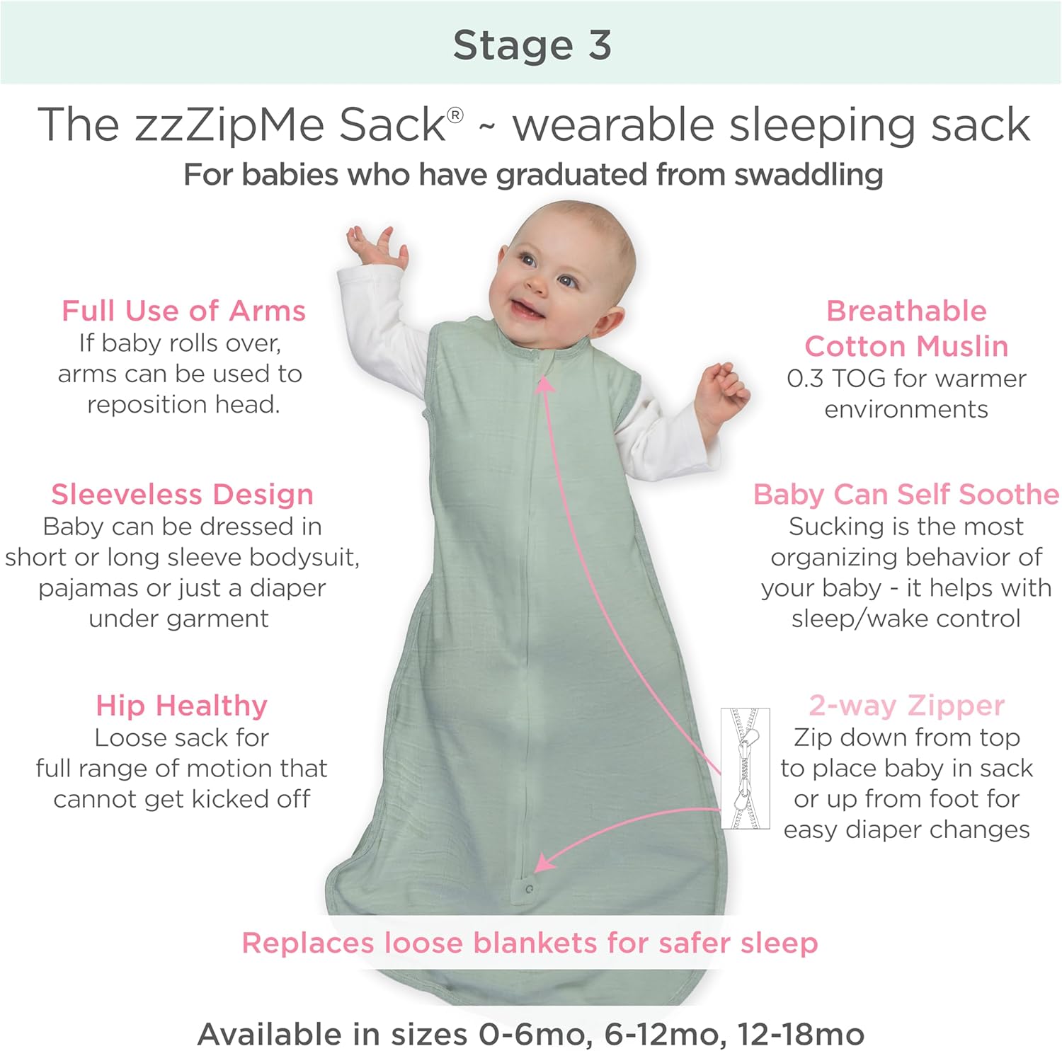 SwaddleDesigns Muslin zzZipMe Sleeping Sack, for Baby Boy and Girl, Wearable Blanket with 2-Way Zipper