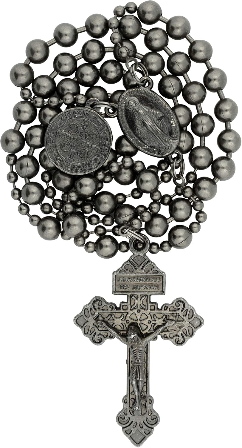 Metal Military Rosary | Available in Three Metallic Colors | Great Catholic Gift for Soldiers, Veterans, and Military Families | Ornate Crucifix, Miraculous Medal, and St. Benedict Medal