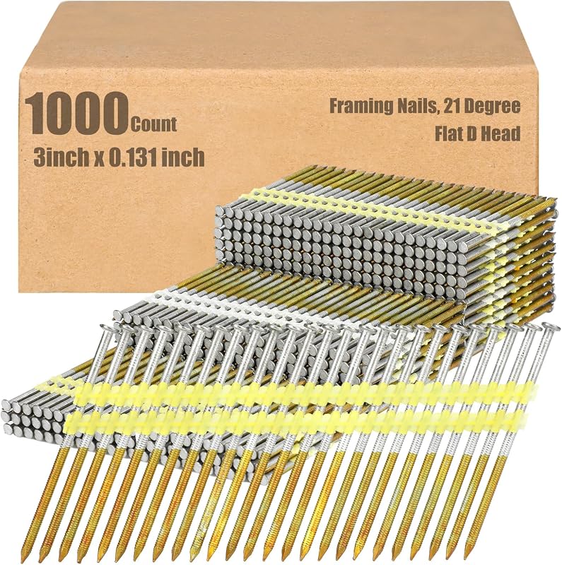 Therwen 1000 clavos para marco de 3.0 x 0.131 pulgadas, 21 grados, cabeza plana en D, galvanizado, vástago de anillo, fila de plástico fija, clavos para marco de 21 grados para uso en toda la madera tratada a presión