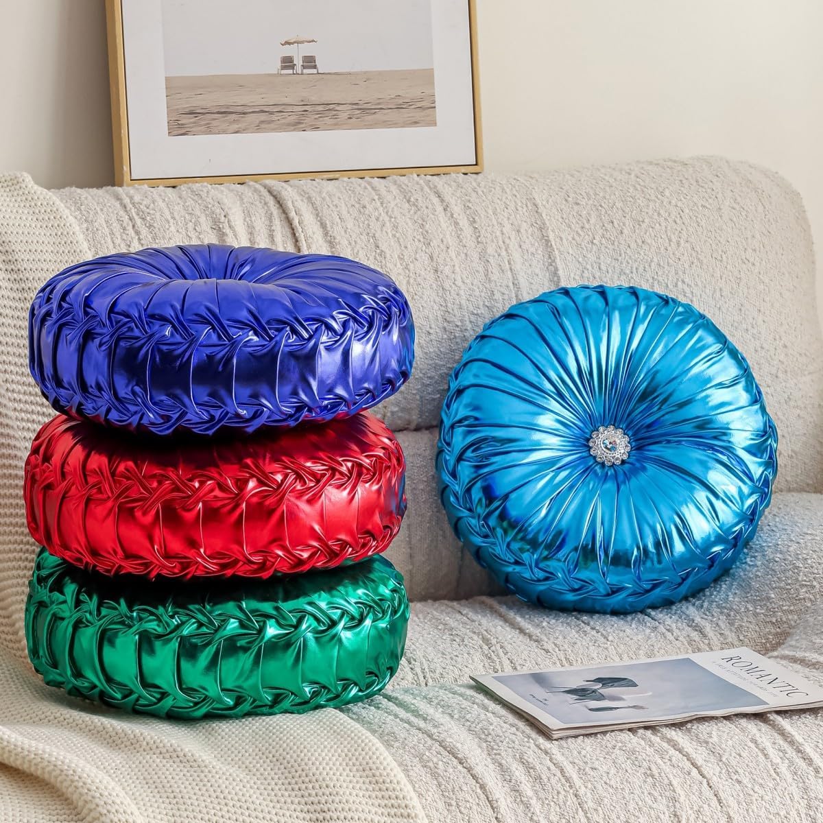 Round Throw Pillow Pumpkin Shaped Floor Pillow Pleated Pillow Cushion Decorative Round Pillows for Couch Sofa Bed (Blue)
