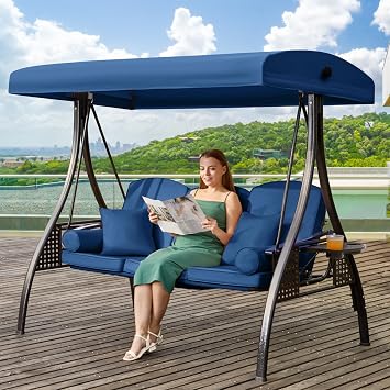 3 in 1 Outdoor Porch Swing with Adjustable Canopy, 3 Seat Outdoor Swing for Adults, Patio Swing Chair with Thickened Cushions,Pillows & Cup Holders for Backyard, Porch, Garden Blue