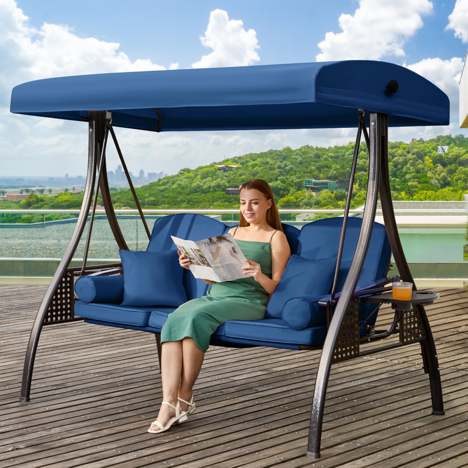 Yalissey 3 in 1 Outdoor Porch Swing with Adjustable Canopy, 3 Seat