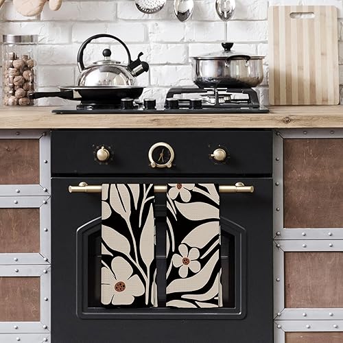 Miniatura 3 de Juego de toallas de cocina y baño, diseño floral retro de los años 70, color beige y negro, 2 toallas de mano de 16 x 24 pulgadas