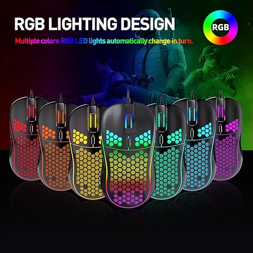 Miniatura 5 de JYCSTE Wired Gaming Mouse, Computer Mouse Ergonomic Mice Honeycomb Design with RGB Backlight, 6 Buttons, 7200 Adjustable DPI for PCMacLaptop