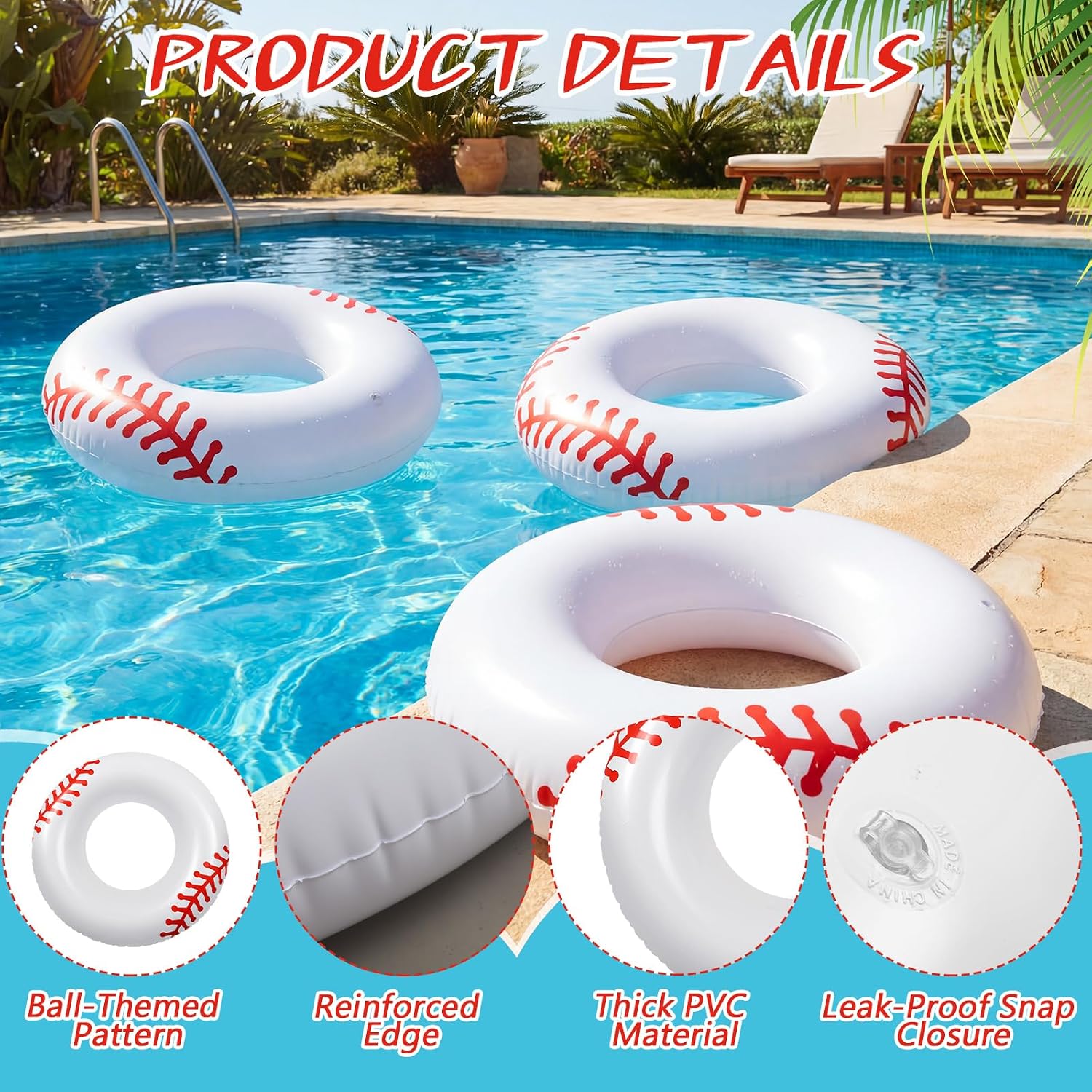Soulchen 6 Pack 32.5 Inch Giant Baseball Inflatable Pool Floats Large Baseball Swim Rings Pool Tubes Floating Rafts for Adults Summer Swimming Beach Lake Sports Party Birthday Decorations Fun Gifts