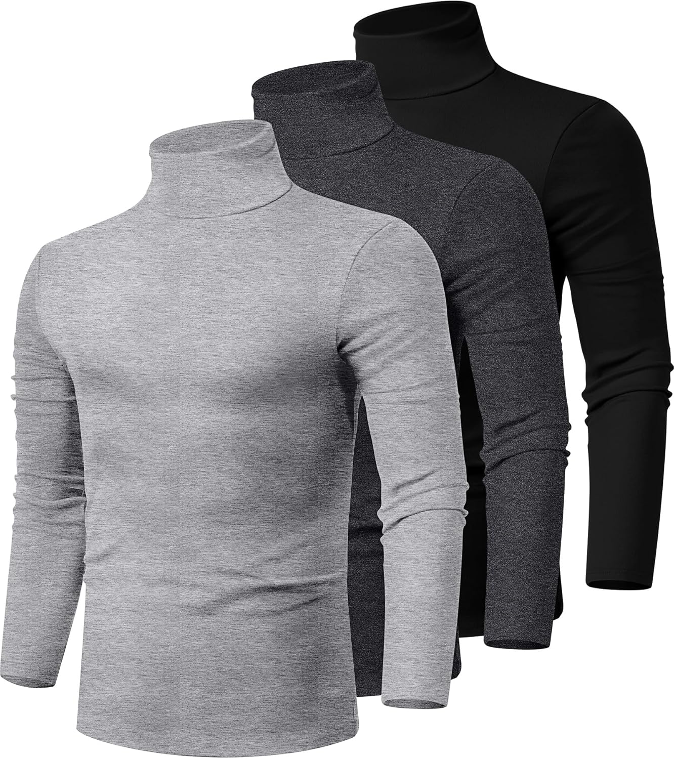 Ficerd 3 Pack Men's Turtleneck Shirts, Long Sleeve Cotton Pullover Sweaters Mock Neck Knitted T-Shirt Basic Slim Fit Tops