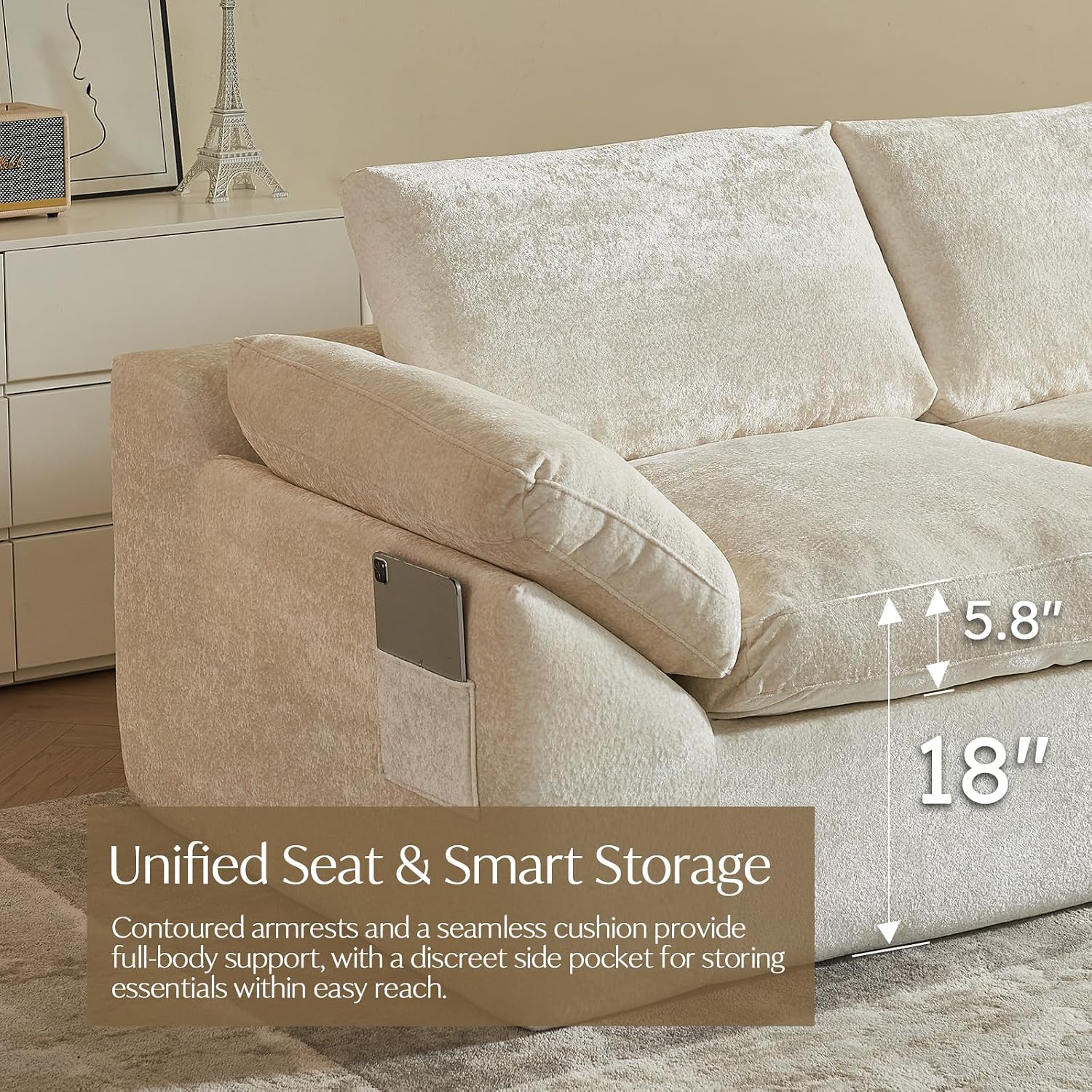  U Shaped Cloud Couch, Modular Sectional Boneless Sofa Beige thumbnail