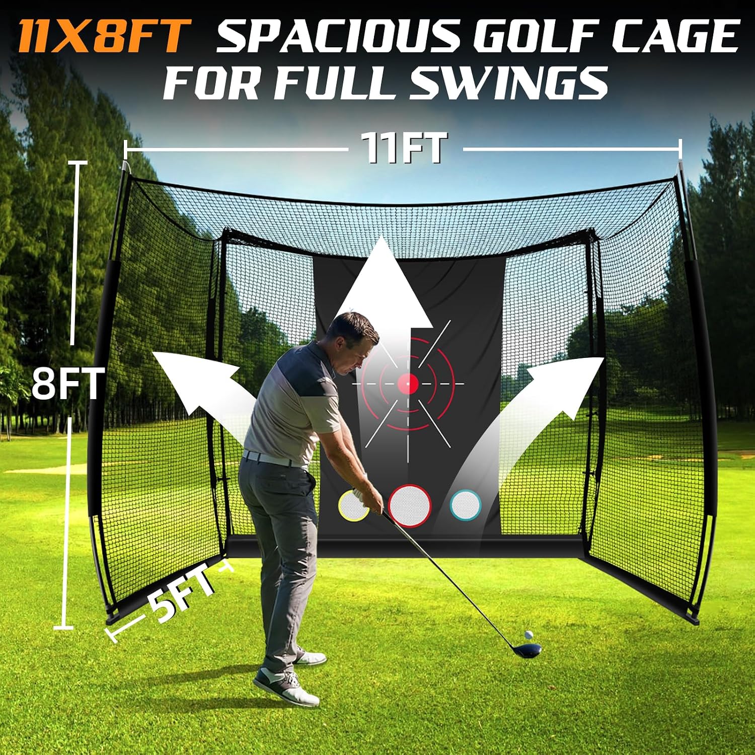 Golf Net, 11x8ft Spacious Golf Practice Hitting Net for Simulator | Heavy Duty Golf Simulator Net with HD Impact Screen and Target Cloth for Swing Driving, Home Backyard Garage Indoor Outdoor