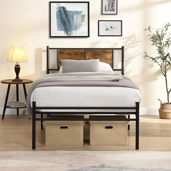 Twin Metal Platform Bed Frame with Headboard, Heavy Duty