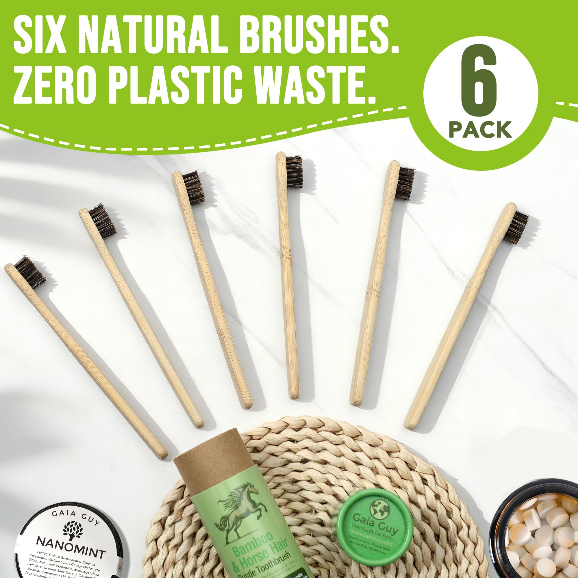 Gaia Guy Petite brosse à dents en bambou – Lot de 6 poils de cheval doux (sans nylon, sans plastique) | Taille compacte pour enfants ou adultes | 100 % compostable, biodégradable, respectueux de