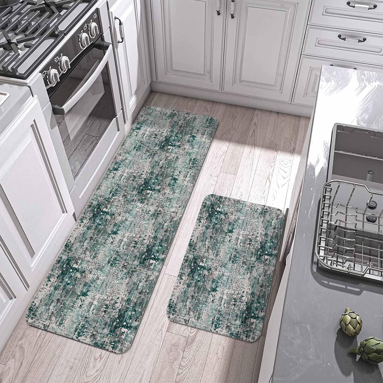 Prime Leader Green Grey Kitchen Mat Set 2 Pieces Abstract Modern Boho Mottled Vintage Non Slip Kitchen Rugs Washable Runner Rug Mats for Floor Sink Laundry Office 23.6" x 35.4"+23.6" x 70.9"