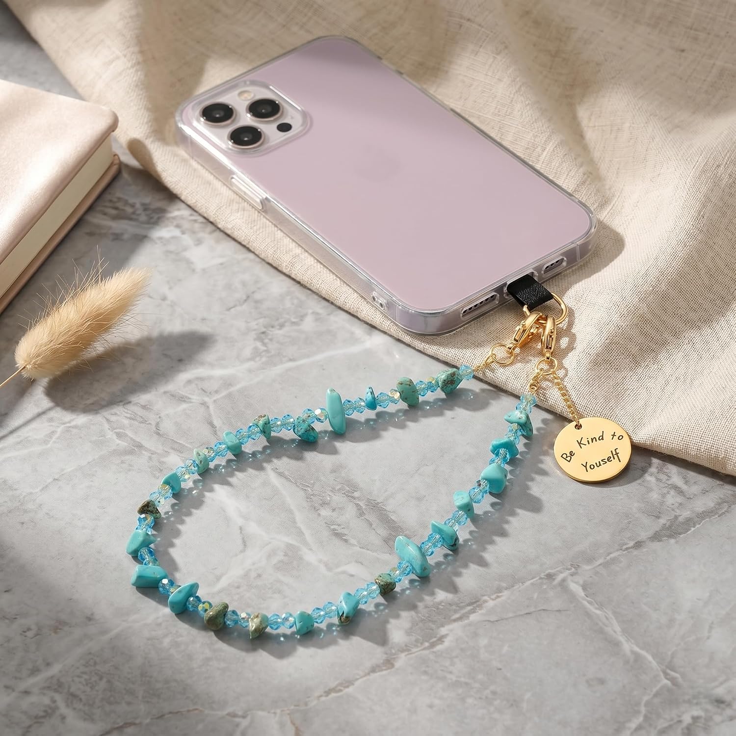 Beaded Phone Charm Nature Stone Cell Phone Wrist Strap Crystal Beaded Charm Stone Beads Chain Wrist Lanyard Hand Wristlet - Green Turquoise