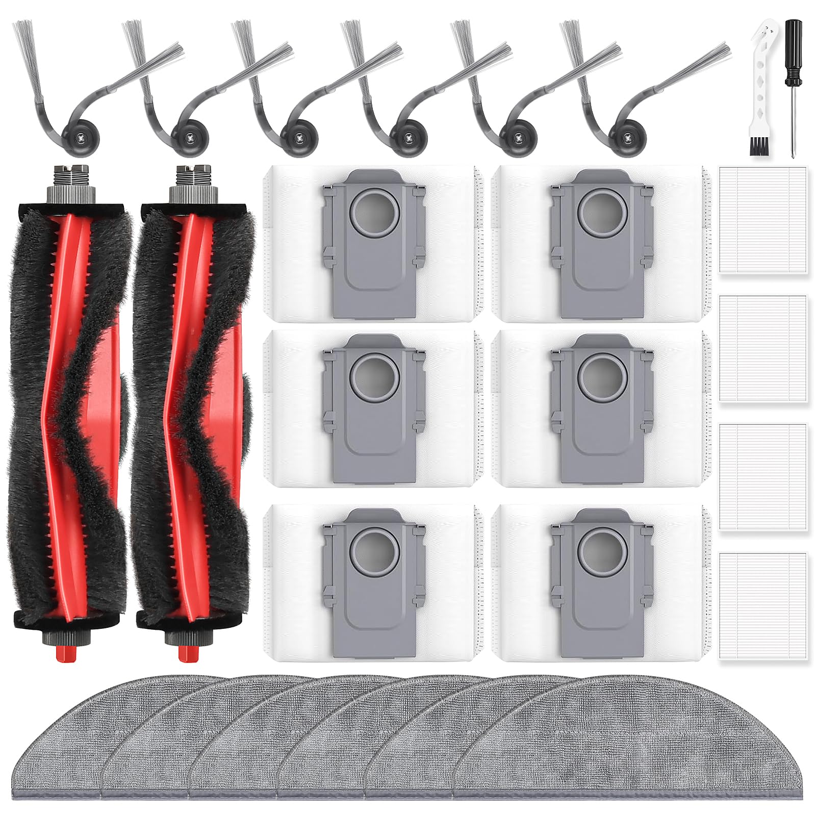 26 Stück Zubehör für Roborock Q7 L5+ / Q7 M5+ Staubsauger, Ersatzteil mit 2 Hauptbürste 6 Staubbeutel 6 Wischtücher 6 Seitenbürsten 4 Filter 1 Reinigungsbürste 1 Schraubendreher