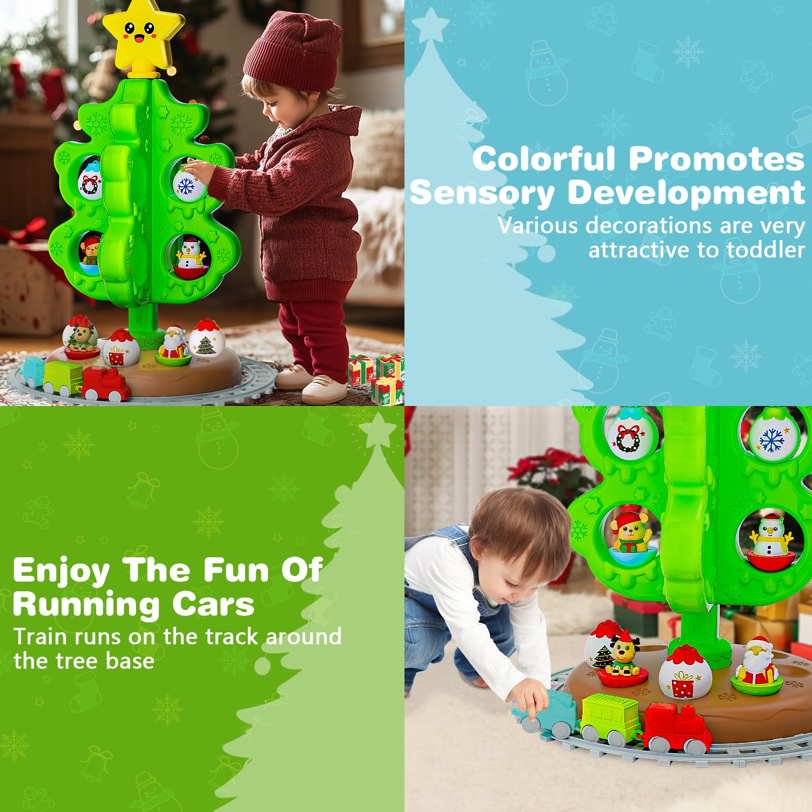 Mi primer árbol de Navidad para niños pequeños: juego de árbol de Navidad para niños con juego de tren y pistas de bricolaje, 18 decoraciones coloridas desarrollo sensorial para niños y niñas 2