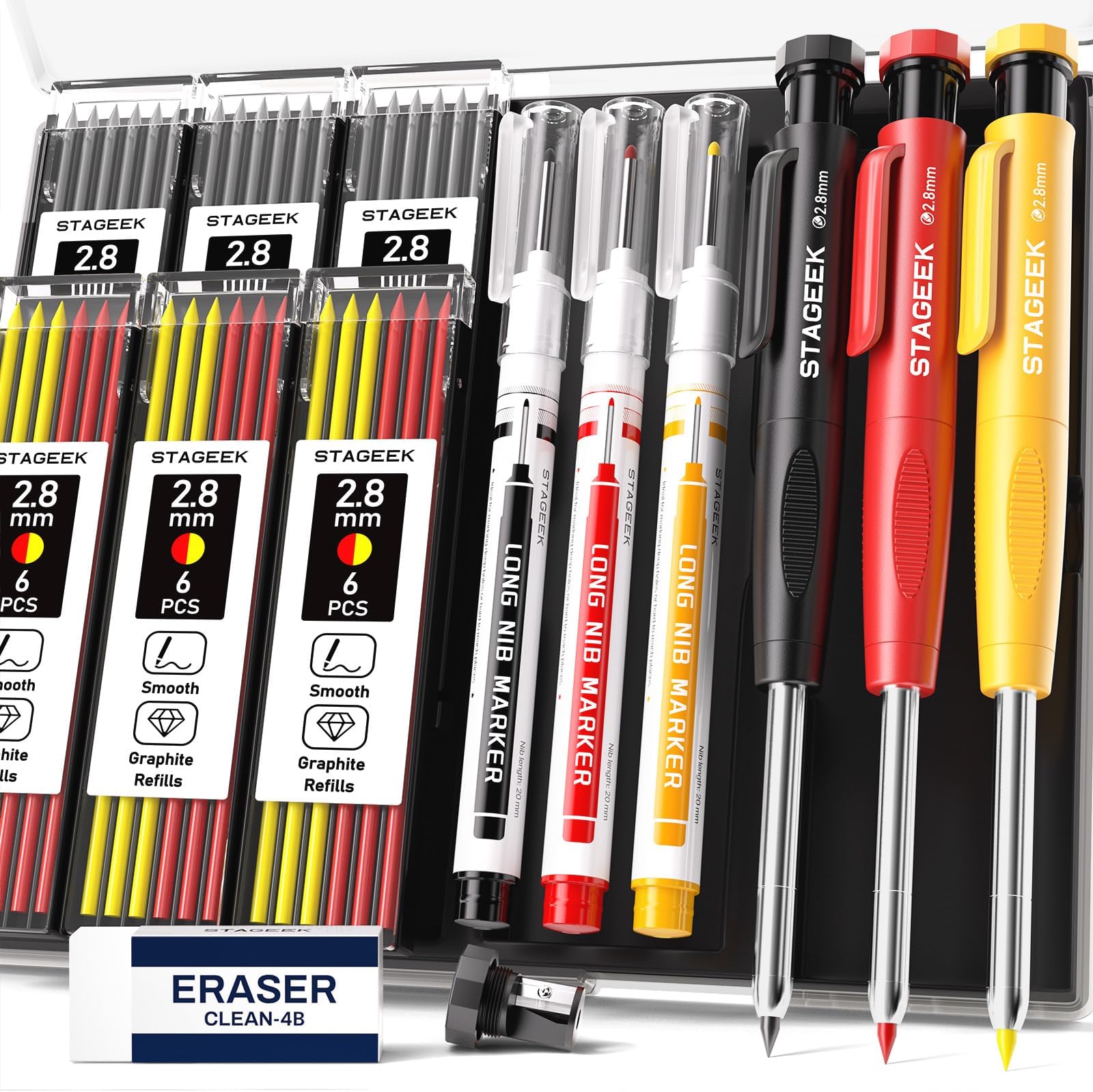 STAGEEK 3PCS Carpenter Pencils with Sharpener, Heavy Duty Woodworking Tools, Mechanical Pencil Set with 39 Refills, Deep Hole Long Nib Marker Pens for Architect Marking with Case (Red, Black, Yellow)