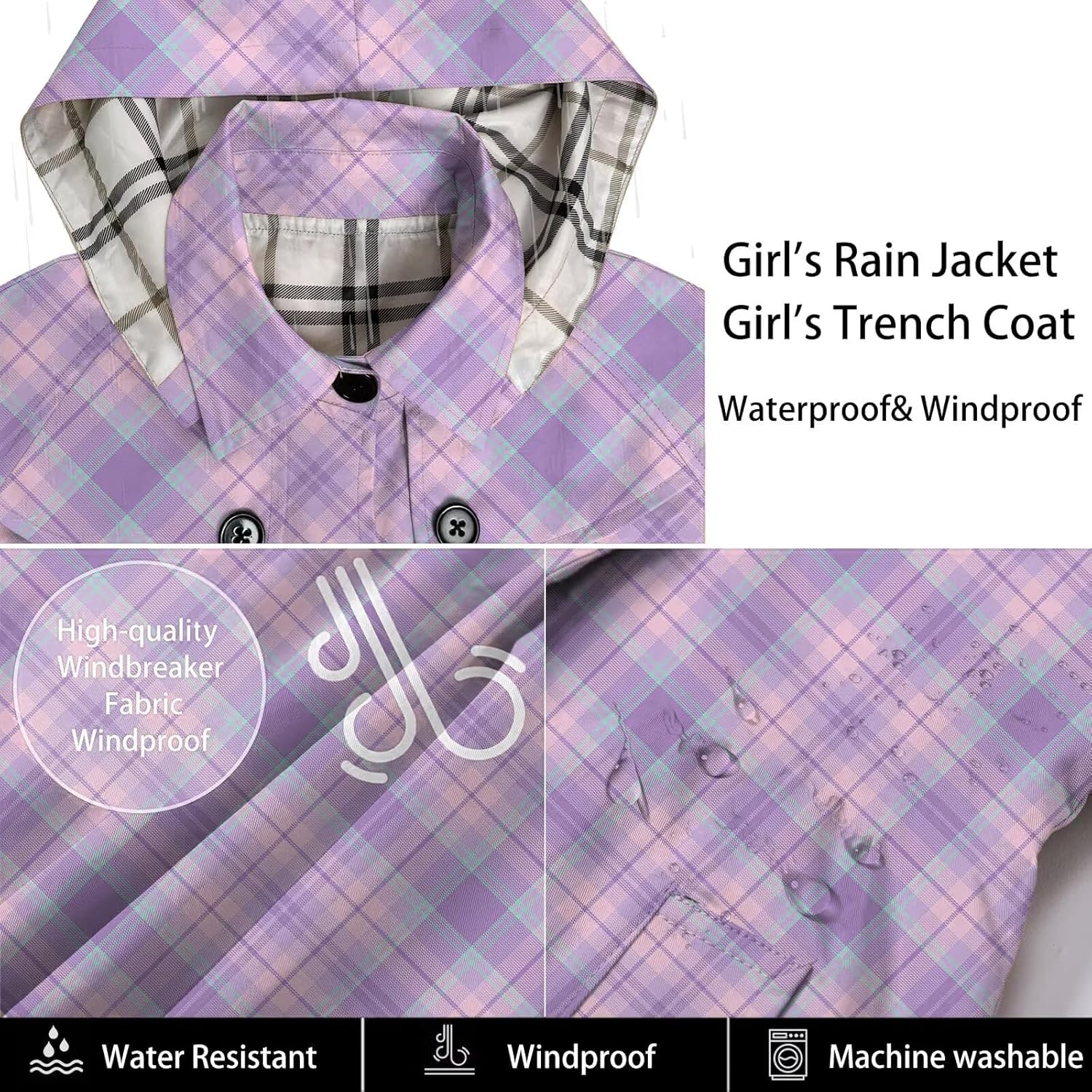 Betusline Girl's Waterproof Hooded Trench Coat Single Breasted Rain Jackets Outerwear, 2-14 Years