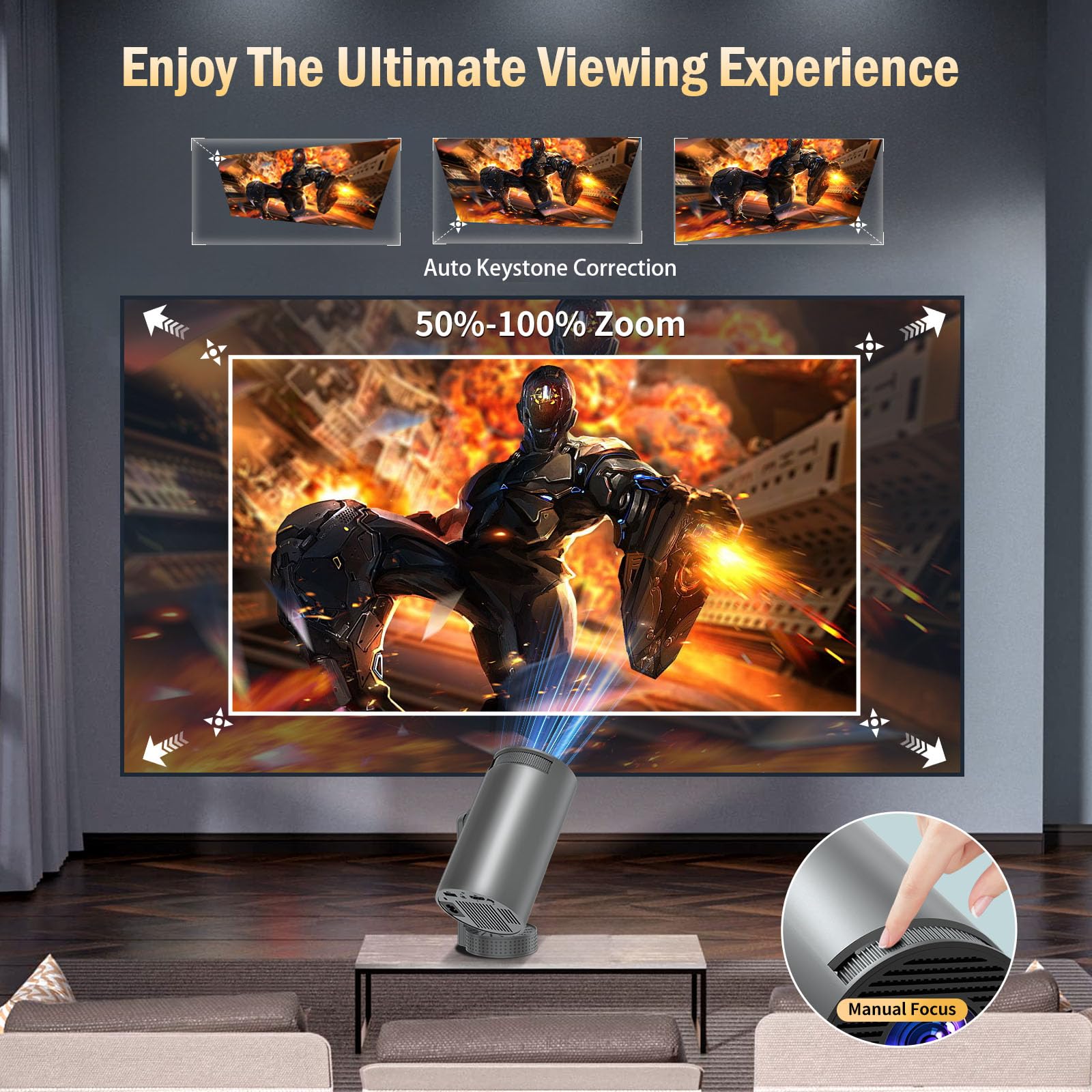 Vidéoprojecteur 4K, Mini Projecteur avec WiFi 6 BT5.4, 270° Rotation, Correction Trapézoïdale, Base de Son, Compatibile avec HDMI/USB/PS5, Retroprojecteur Portable pour Chambre, Maison et Extérieur