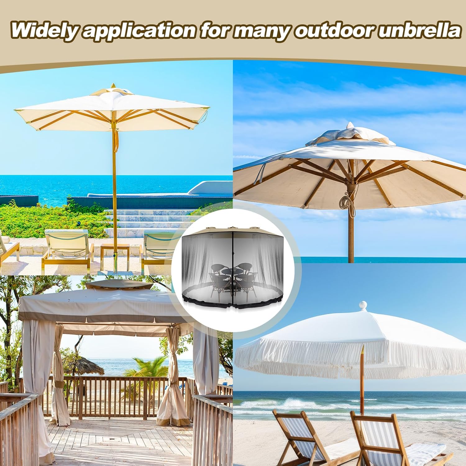 15 FT Mosquito Netting for Patio Umbrella Double Sided Outdoor Patio Umbrella Canopy Netting &10x10 ft Gazebo, Easy Installation, Black （Only Mosquito Net ）