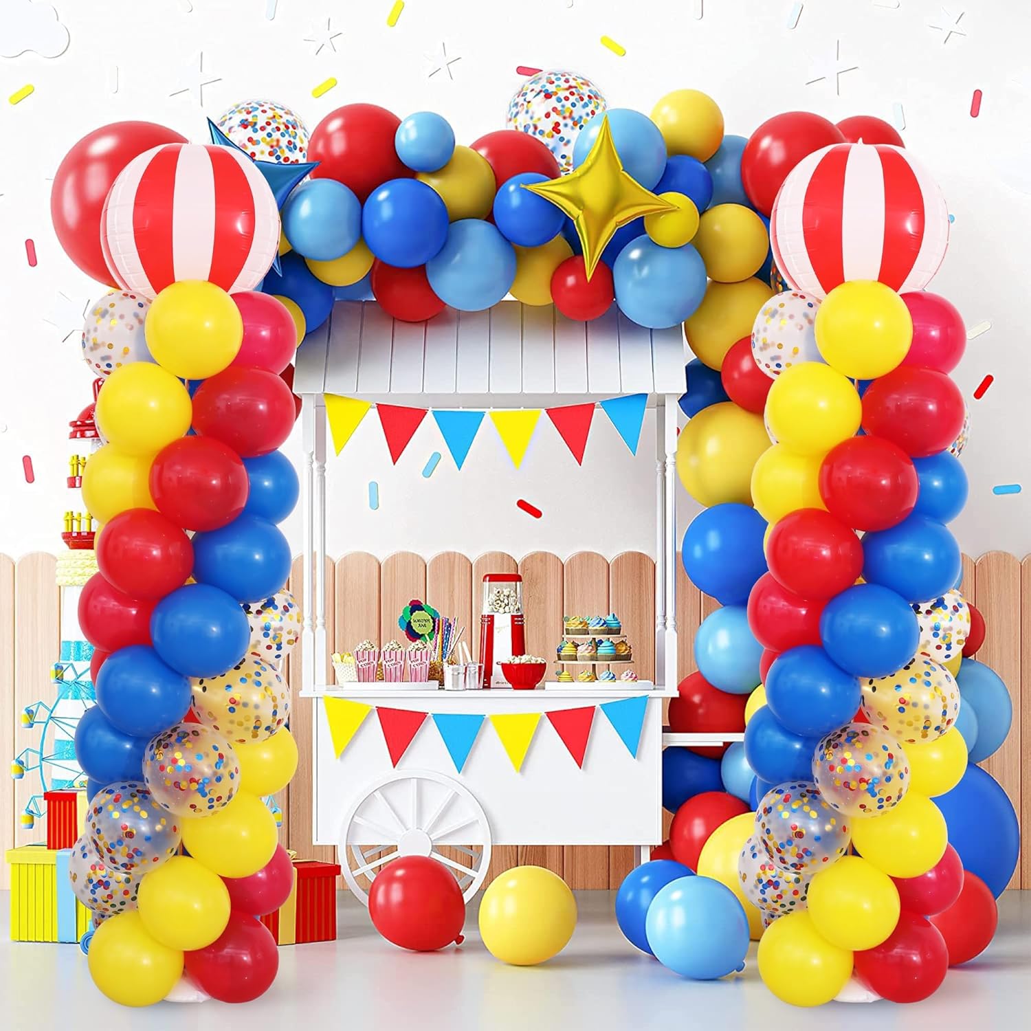 Carnival Circus Balloon Column Stand Kit 2 Sets，2 Adjustable Balloon Tower Pillars with 122Pcs Balloons Water Bags for Festival Circus Themed Birthday Party Decoration