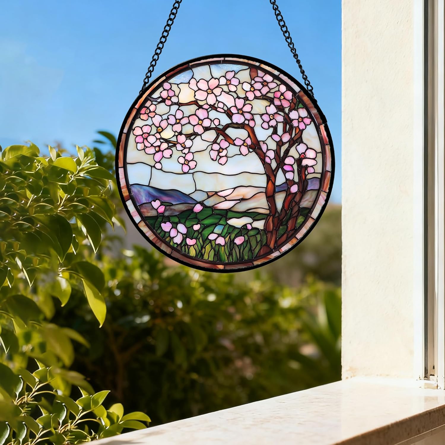 Stained Glass Window Hanging Pink Cherry Blossom Tree Large 15" - Flower Suncatcher Door Terrace Garden Sun Catcher Home Decor Birthday Christmas for Mom Wife Woman Nana