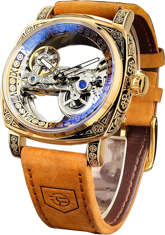 Men's Luxury Square Carving Mechanical Watch, Retro Totem Double Sided Hollow Skeleton Self-Wind Automatic Watches, Vintage Leather Strap Wristwatch Reloj para Hombre