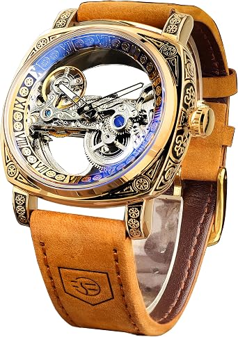 FORSINING Mens Luxury Square Carving Mechanical Watch, Retro Totem Double Sided Hollow Skeleton Automatic Watch Vintage Leather Strap Wrist Watch Reloj para Hombre, Braun, Retro