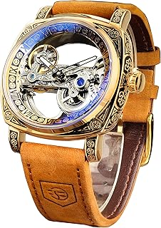 Fancy Uhren für Männer, quadratische Retro mechanische Uhr Self-Wind geschnitzt, Gear Uhrwerk Golden Skelett Automatische Uhren Vintage Lederarmband Armbanduhr