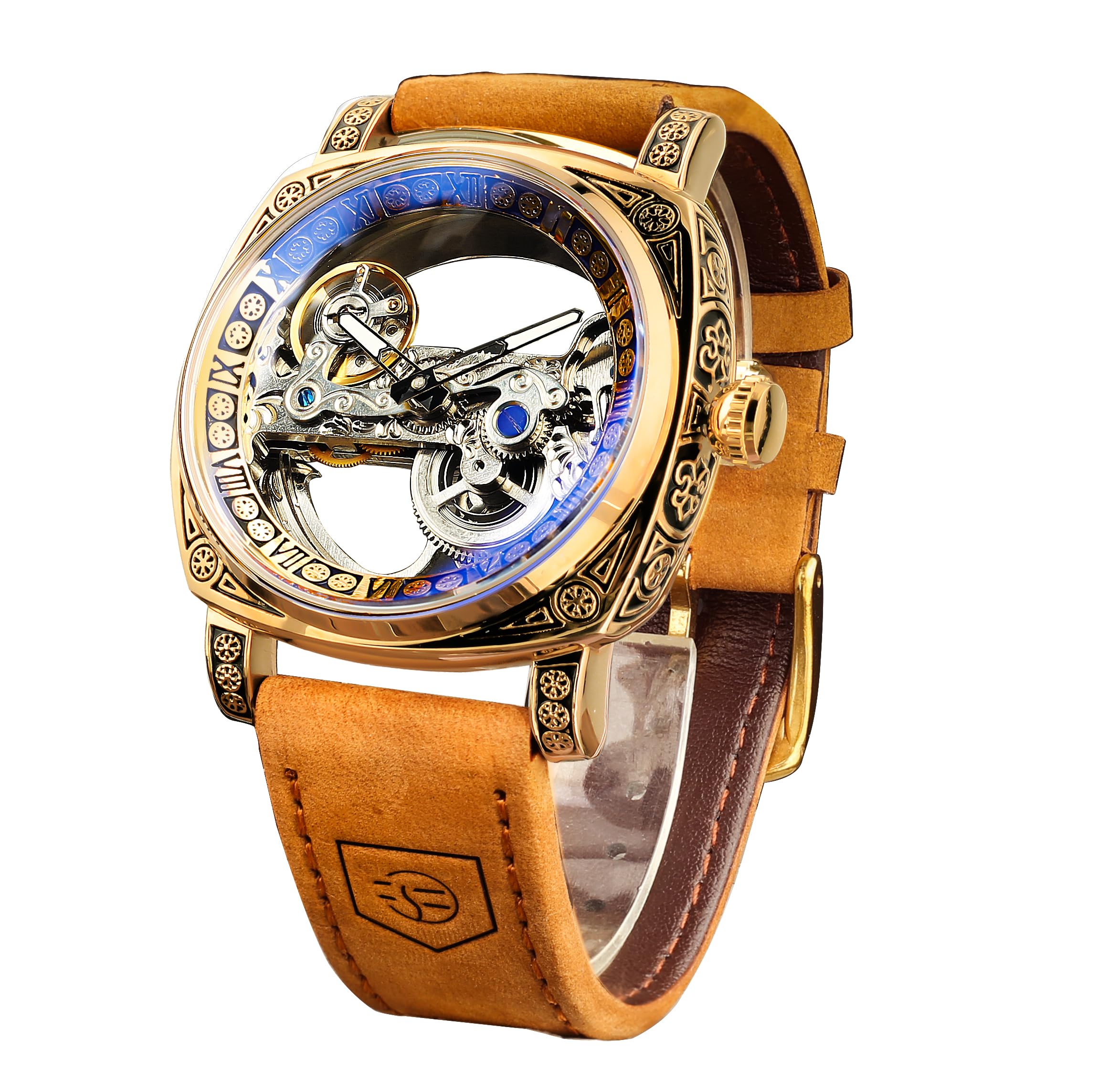 FORSINING Men's Luxury Square Carving Mechanical Analog Watch, Retro Totem Double Sided Hollow Skeleton Self-Wind Automa