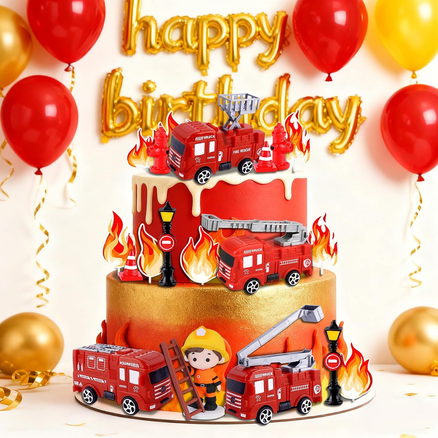 Fire Truck Cake Topper Firefighter Cake Decoration Fire Fighter Birthday Decorations